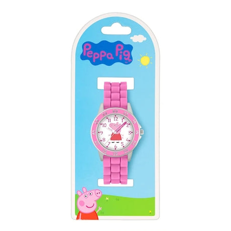 Peppa Pig Time Teacher Watch displayed on blue Peppa Pig retail backing card with pink strap and analogue dial