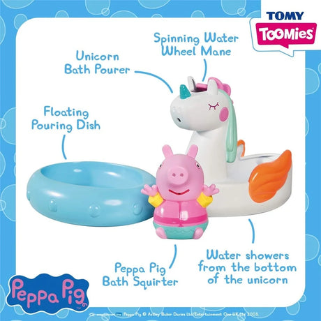 Peppa Pig Unicorn Bath Float toy demonstrating water squirter, pouring play and spinning mane features in Ireland