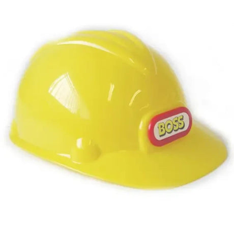 Yellow Boss construction helmet shown from an angled front view with Boss logo on the brim