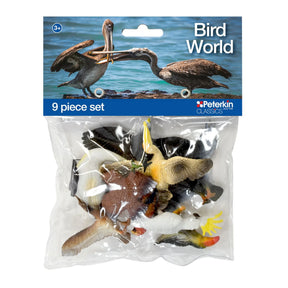 Peterkin Classics Bird World 9 piece set in clear bag packaging with assorted bird figures visible inside