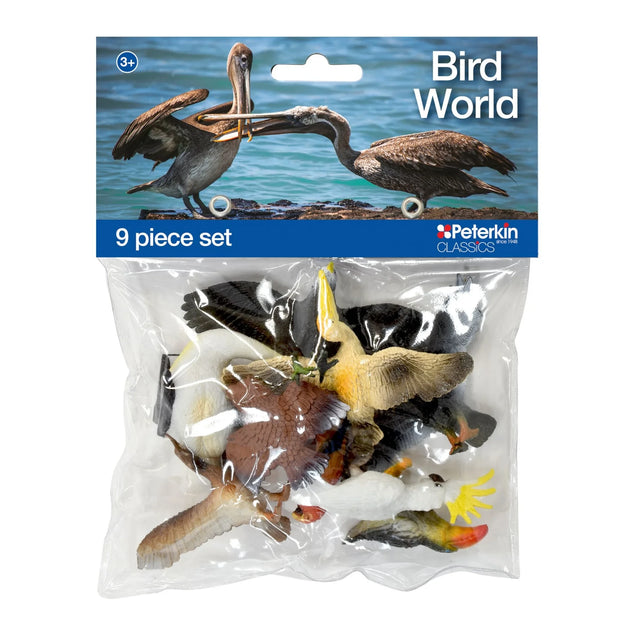 Peterkin Classics Bird World 9 piece set in clear bag packaging with assorted bird figures visible inside
