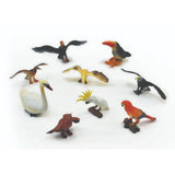 Nine bird figures arranged together, including white, red, black, brown and yellow birds in standing and wingspread poses