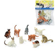 Nine assorted cat figures arranged beside the Peterkin Classics Cat World 9 piece set packaging 
