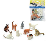 Nine assorted cat figures arranged beside the Peterkin Classics Cat World 9 piece set packaging 