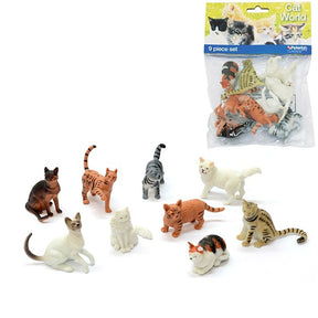Nine assorted cat figures arranged beside the Peterkin Classics Cat World 9 piece set packaging 