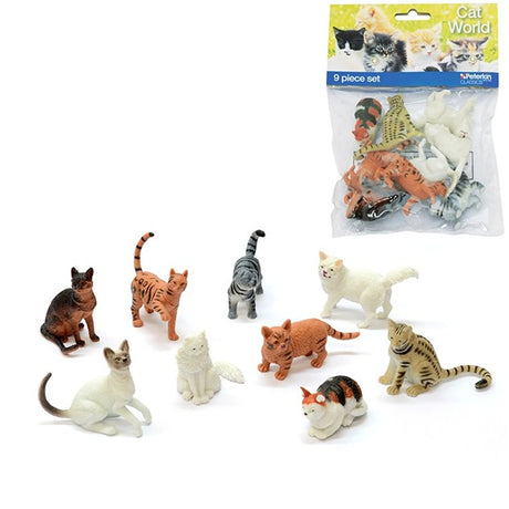 Nine assorted cat figures arranged beside the Peterkin Classics Cat World 9 piece set packaging 