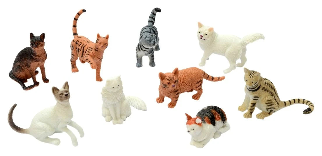 Nine cat figures arranged together in black, orange, white, grey and patterned designs