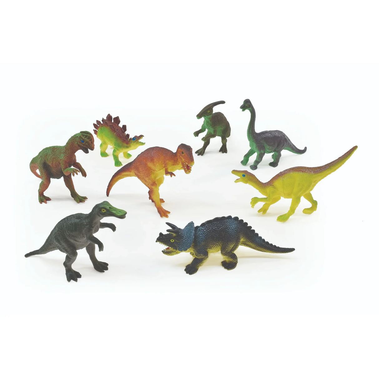 Eight Peterkin Dinosaur World figures arranged together in green, brown, yellow and dark coloured designs