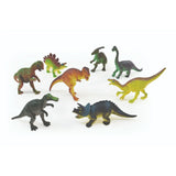 Eight Peterkin Dinosaur World figures arranged together in green, brown, yellow and dark coloured designs