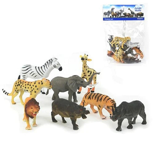 Peterkin Jungle World animal figures arranged in front of the packaged set, including zebra, giraffe, elephant, tiger, lion, hippopotamus, rhinoceros and panther