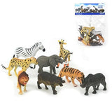 Peterkin Jungle World animal figures arranged in front of the packaged set, including zebra, giraffe, elephant, tiger, lion, hippopotamus, rhinoceros and panther