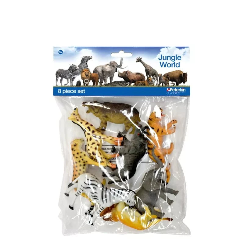 Peterkin Jungle World 8 piece set in clear bag packaging with the assorted wild animal figures visible inside