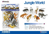 Peterkin Jungle World product information showing the packaged 8 piece set with labelled rhinoceros, zebra, giraffe, hippopotamus, tiger, panther, lion and elephant figures
