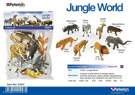 Peterkin Jungle World product information showing the packaged 8 piece set with labelled rhinoceros, zebra, giraffe, hippopotamus, tiger, panther, lion and elephant figures