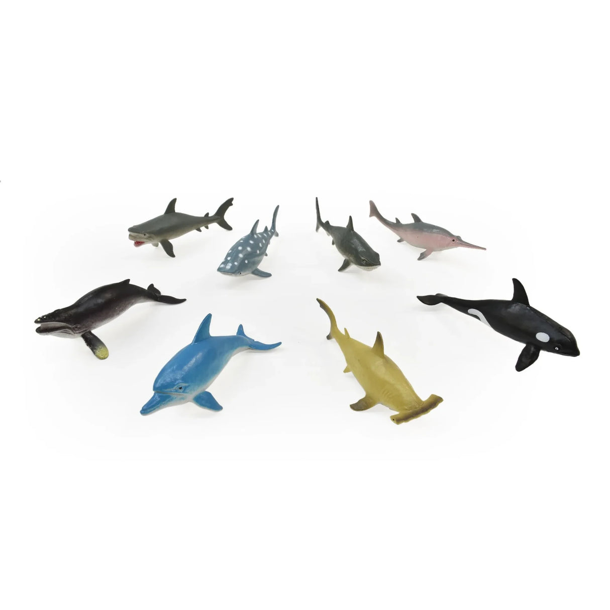 Eight Peterkin Ocean World sea animal figures arranged together, including sharks, an orca, a dolphin and other marine animals 