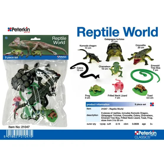 Peterkin Reptile World product information showing the packaged set and labelled Komodo dragon, Galapagos tortoise, crocodile, cobra, chameleon, emerald tree boa, frilled neck lizard, frog and toad figures