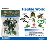 Peterkin Reptile World product information showing the packaged set and labelled Komodo dragon, Galapagos tortoise, crocodile, cobra, chameleon, emerald tree boa, frilled neck lizard, frog and toad figures