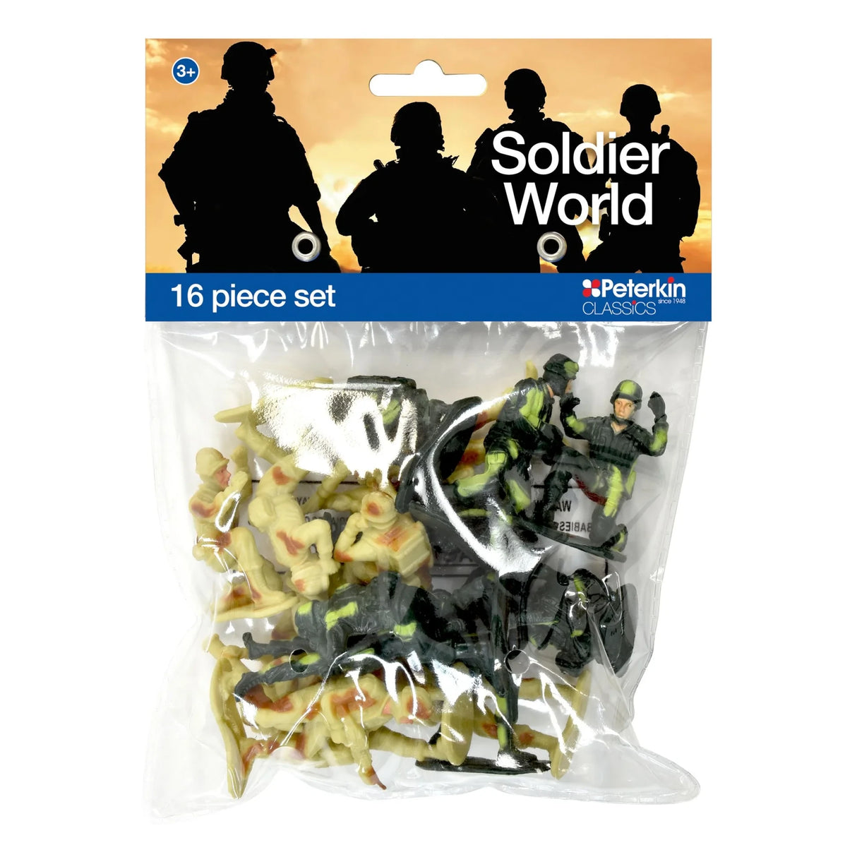 Peterkin Classics Soldier World 16 piece set in clear bag packaging with tan and dark green soldier figures visible inside