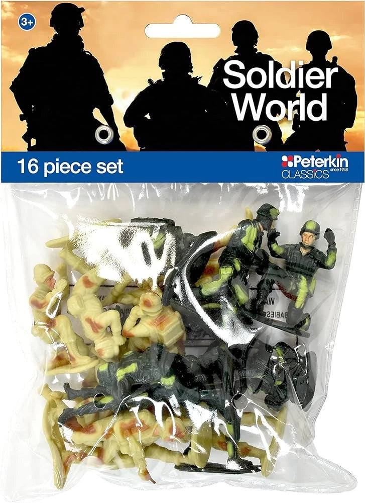 Peterkin Classics Soldier World 16 piece set in clear bag packaging with tan and dark green soldier figures in assorted poses