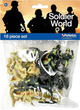 Peterkin Classics Soldier World 16 piece set in clear bag packaging with tan and dark green soldier figures in assorted poses