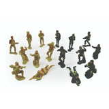 Sixteen tan and dark green soldier figures arranged together in standing, kneeling, crawling and aiming poses