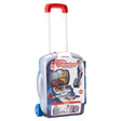 Closed grey and blue Peterkin Little Workshop Suitcase with red pull handle extended, blue wheels and product card attached to the front