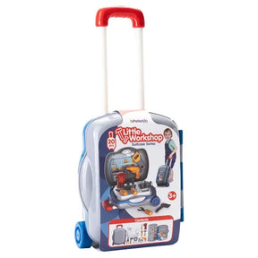 Closed grey and blue Peterkin Little Workshop Suitcase with red pull handle extended, blue wheels and product card attached to the front