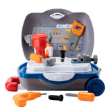 Open Peterkin Little Workshop Suitcase with red bench drill, grey vice, orange saw, toy drill, screwdriver, hammer and black bolt