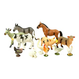 Assorted Peterkin My Farm animal figures including a cow, horse, donkey, pig, sheep, rabbit and poultry arranged together