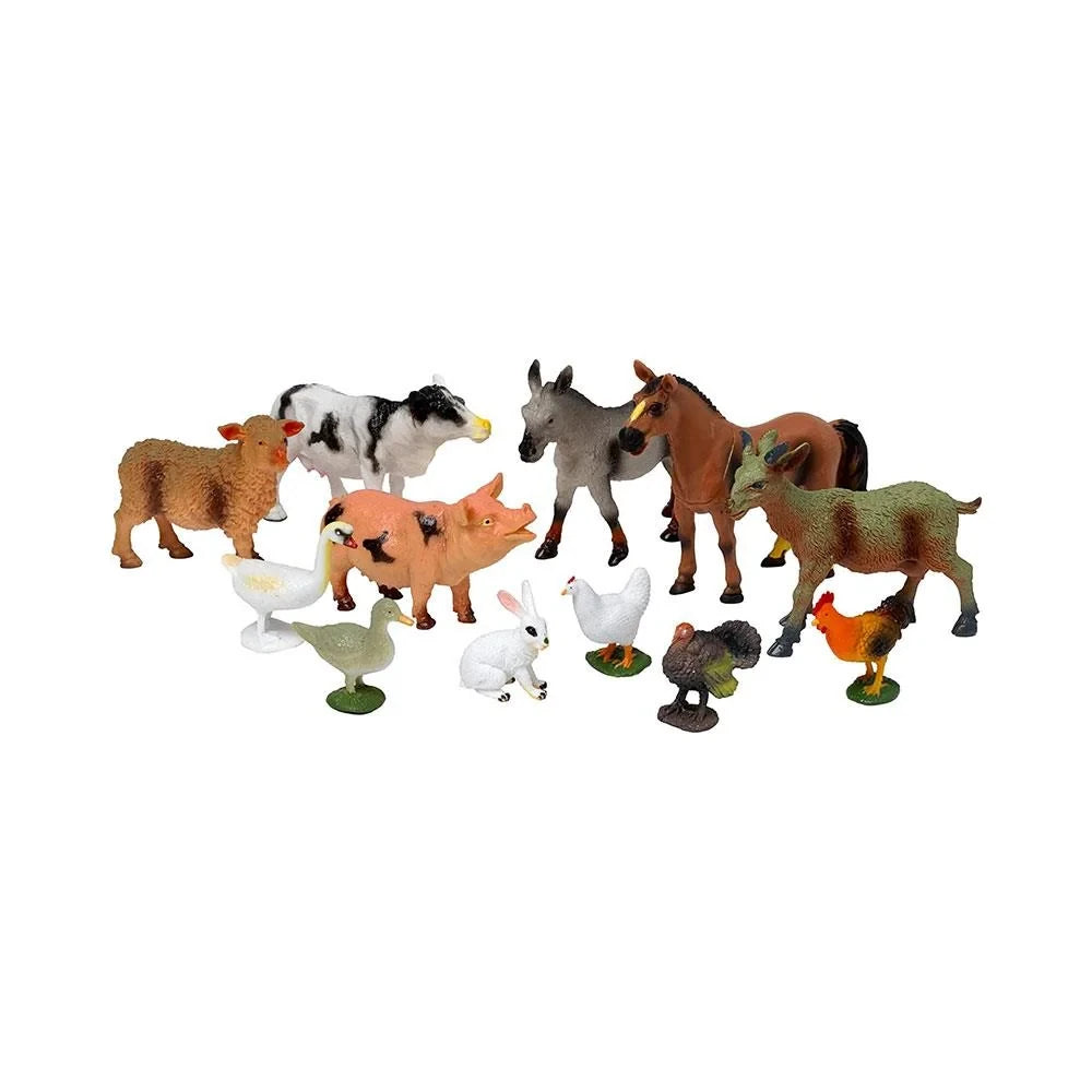 Peterkin My Farm figures arranged together with a cow, horse, donkey, pig, sheep, rabbit and several poultry figures