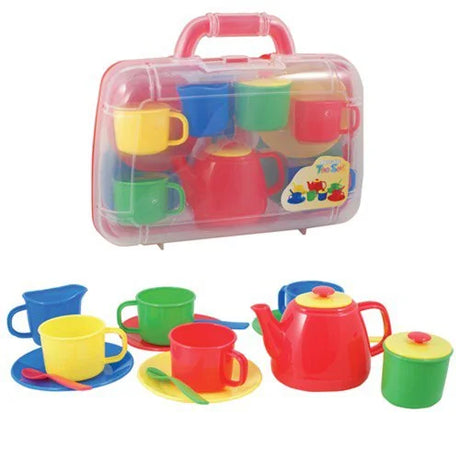 Layout of Peterkin toy tea set with plates, cups, teapot and cutlery – Ireland
