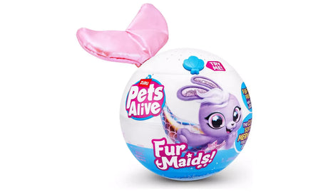 Pets Alive Furmaids Series 1 capsule with blue and purple shell, white dome top, printed mermaid character graphic and attached pink tail fin accessory