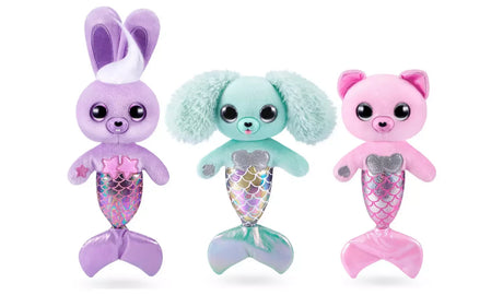 Three Pets Alive Furmaids Series 1 plush characters in purple, mint green and pink with sequined mermaid tails, large glitter eyes and matching hair bows on white background