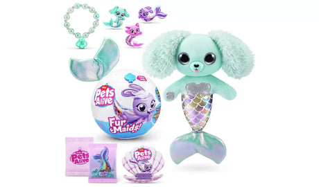 Pets Alive Furmaids Series 1 unboxed contents featuring mint green plush Furmaid with fluffy ears and iridescent sequined mermaid tail, round Furmaids packaging capsule, translucent tail fin piece, bead bracelet, three small mermaid charm figures, slime sachets and collector leaflet on white background