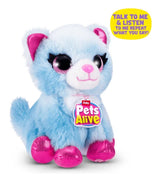 Pets Alive Pet Shop Surprise blue plush cat with pink glitter ears and paws and circular Pets Alive tag attached to upper front body