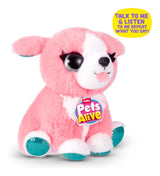 Pets Alive Pet Shop Surprise pink plush dog with white face, teal glitter paws and circular Pets Alive tag attached to upper front body