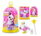 Pets Alive Polly the Surprise Magic Bird set with pink and yellow container, Polly bird figure, baby bird in eggshell, yellow star wand, Magic Guide Book and Polly Magic Bird tag