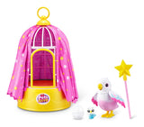 Pink birdcage with yellow base and Pets Alive logo, pink curtain draped to the sides, Polly bird figure, baby bird figure and yellow star wand