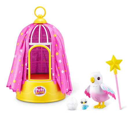Pink birdcage with yellow base and Pets Alive logo, pink curtain draped to the sides, Polly bird figure, baby bird figure and yellow star wand
