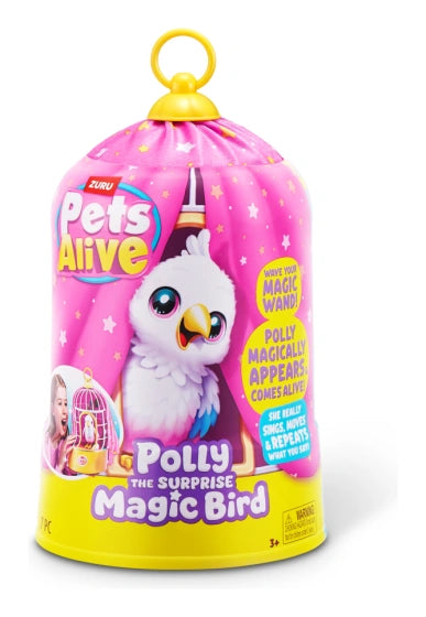 Pets Alive Polly the Surprise Magic Bird pink container with yellow base and ring handle top, Pets Alive logo, Polly character illustration and product text on front