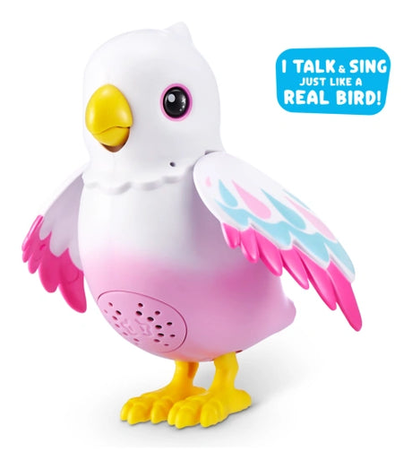 Polly bird figure with white head, yellow beak and feet, pink gradient body, blue and pink wings, and speech bubble reading “I TALK & SING JUST LIKE A REAL BIRD!”