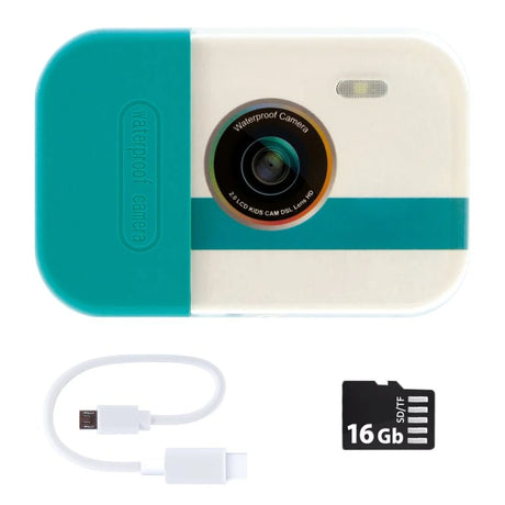Photo Creator Waterproof Digital Camera front view showing the turquoise and white waterproof body, circular camera lens and flash, with a white USB cable and 16GB microSD memory card displayed underneath.