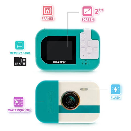 Photo Creator Waterproof Digital Camera technical illustration showing the rear 2 inch screen and control buttons, front lens and flash, 16GB memory card, waterproof feature and photo frames.