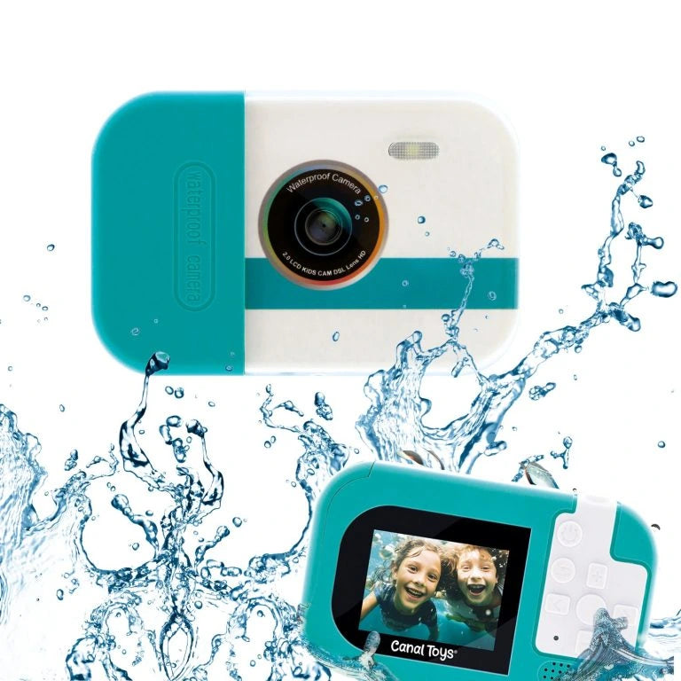 Photo Creator Waterproof Digital Camera showing front and rear views of the turquoise and white camera surrounded by water splashes, with two smiling children pictured underwater on its rear screen.