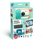 Photo Creator Waterproof Digital Camera retail packaging viewed from the front and left side, showing the turquoise and white camera through the display window, with 12 megapixel, flash, 25 photo frames, waterproof and 16GB memory card information printed on the box.