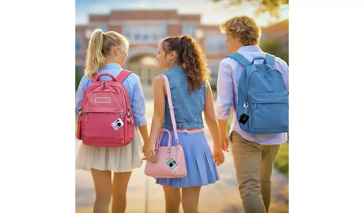 Three people carrying backpacks and a shoulder bag with mini cameras attached