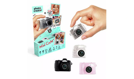 Photo Creator Mini Cam packaging with white, silver, black and pink mini cameras