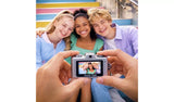 Hands holding a silver Photo Creator Mini Cam with three people shown on the screen