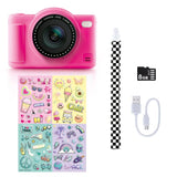 Photo Creator Pop Colour Camera Pink kit contents showing the pink digital camera, four colourful sticker designs, black and white chequered wrist strap, 8GB microSD memory card and white USB-C cable.