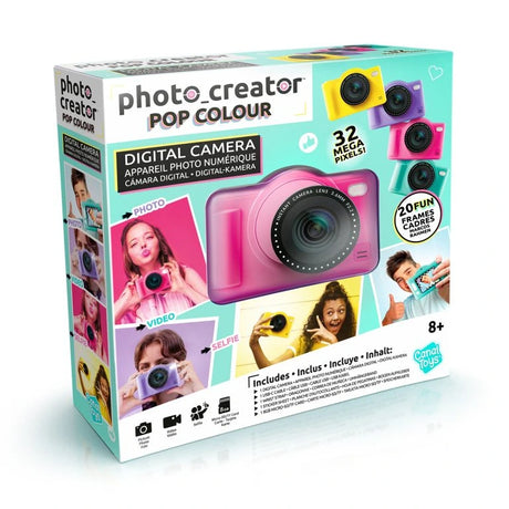 Photo Creator Pop Colour Camera Pink retail box viewed from the front and left side, showing the pink digital camera, yellow, purple and turquoise colour options, 32 megapixel specification, photo and video features, selfie function and 20 photo frames.